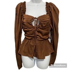 Six Fifty The Ruby Blouse Brown Peplum Long Sleeve Size Large